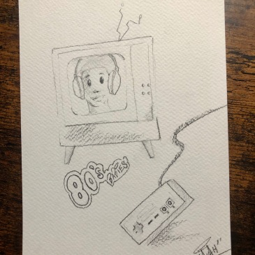 Jamiah Calvin (Miah the Creator) drew 80’s Babies in 2021. It shows a tv set with the image of a young man with headphones. In the foreground is a gaming controller.